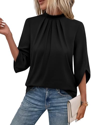 Solid black fabric meets overlapping petal sleeves and crisp neck pleating in a blouse built for work days and dinner plans.