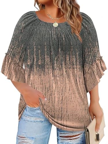 Gathered around the neck with a lively botanical print, this three-quarter sleeve top pairs easily with dark denim or skirts.