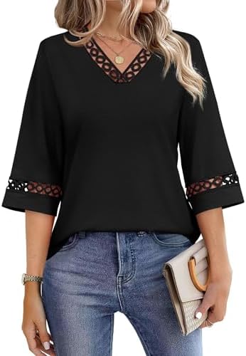 Delicate lace trims the open V-neck and flared three-quarter sleeves on this lightweight black summer tunic.