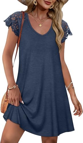 A cool blue mini dress cut straight through the body with short lace sleeves and a gentle V-neckline for warm days.