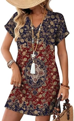 A relaxed t-shirt dress printed in deep crimson ethnic motifs, cut with cuffed short sleeves and hidden side pockets.