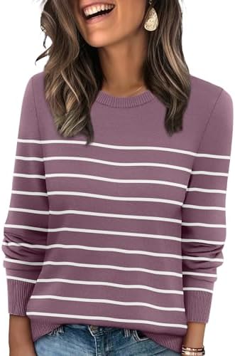 Horizontal white stripes break across a grey-purple ribbed knit on this lightweight, loose-fitting crewneck sweater.