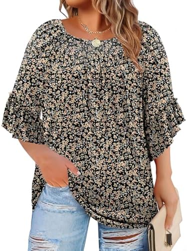 Soft smocking frames the neckline of this boho blouse, patterned in the lively Floral 01 print with ruffled three-quarter sleeves.