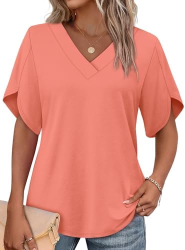 Overlapping petal sleeves and a warm coral tone bring a breezy feel to this relaxed plus-size summer blouse.