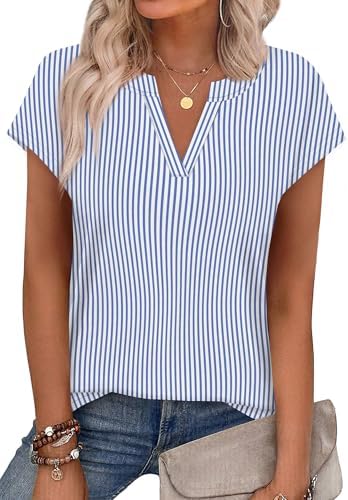 Crisp blue and white stripes give this notched v-neck tee a classic nautical feel that pairs easily with white denim or shorts.