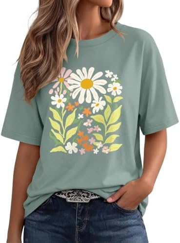 Bright botanical petals scatter across a soft, breathable crew neck tee cut with extra room through the body.