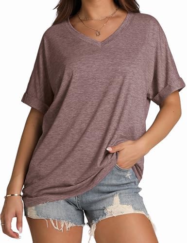 A relaxed v-neck tee cut in a soft coffee-brown jersey with neat rolled cuffs for warm summer afternoons.