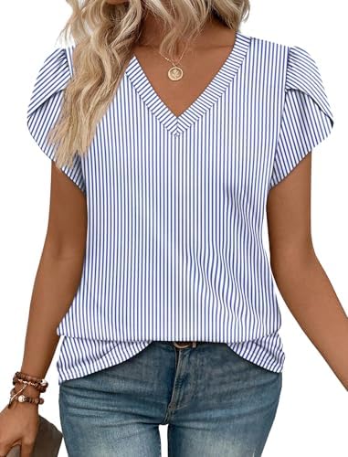 Crisp blue stripes meet delicate petal sleeves on a soft knit top cut with an easy, relaxed drape.
