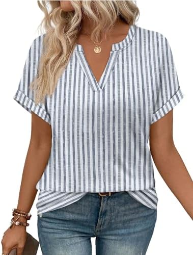 A relaxed v-neck top in crisp blue stripes, finished with rolled cuffs and a tunic-length hem that skims easily over jeans.