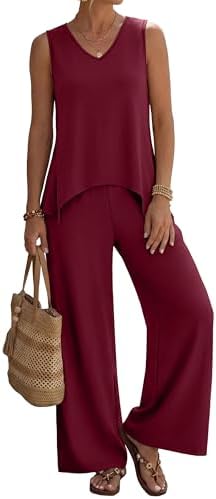 Cut in deep wine red, this two-piece set pairs a vented v-neck sleeveless tank with relaxed high-waisted wide leg pants.