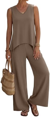 Rich earthy brown knit pairs a breezy split-hem tank with wide-leg pants for easy warm-weather packing.