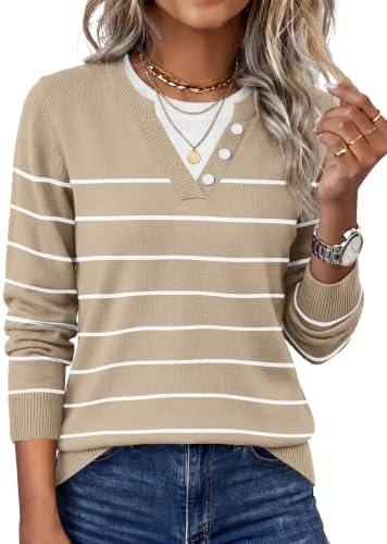 Striped beige knit pairs soft neutral bands with a crisp faux collar for an easy two-in-one look that pulls an outfit together.