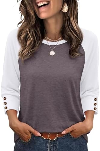 Muted mocha, grey, and soft purple colorblocking gives this breezy three-quarter sleeve top an understated, polished look.