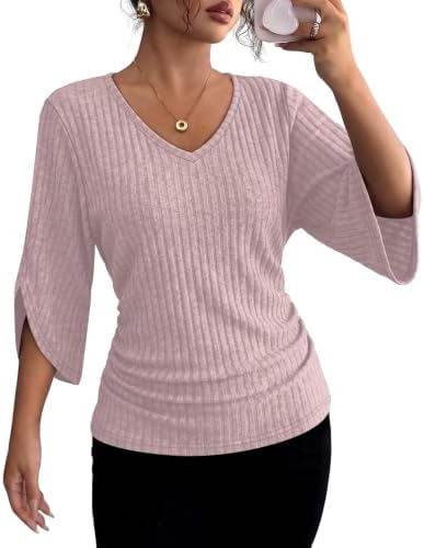 A soft ribbed knit top in pink with three-quarter flare sleeves and a gathered ruched hem for breezy everyday wear.