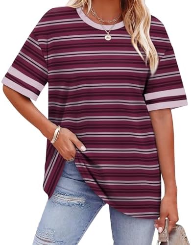 Striped half-sleeve cuffs in purple-red give this loose summer tee a clean contrast detail that pairs easily with denim.