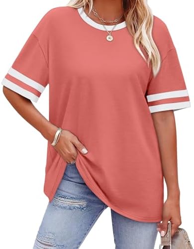 Striped cuff bands brighten this relaxed coral tee, cut from a breathable knit with extra elbow coverage for warm days.