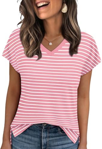 Soft pink stripes and a breezy split hem bring easy color to this relaxed V-neck tee cut for warm summer days.