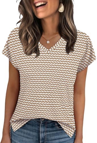 Brown Geo print brings warm, earthy tones to this breathable V-neck top with cap sleeves and side-split hem details.
