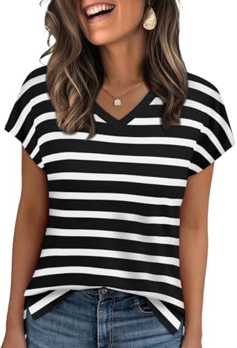 Crisp horizontal stripes run across this soft knit tee, cut with a relaxed V-neck and split hem for warm afternoons.
