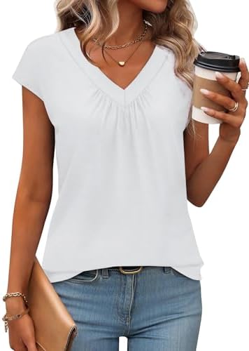 A bright white cotton-blend tank cut with cap-sleeve coverage and a neat V-neck for warm travel days.