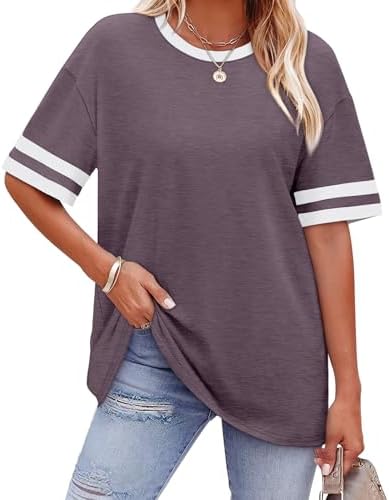 Contrast striped bands finish the sleeves on this relaxed crew neck tee, knit in a soft gray purple blend.