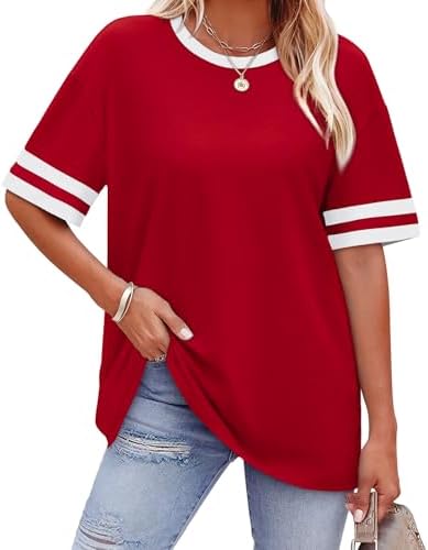 A relaxed summer crewneck cut in soft deep red knit, accented with sporty striped bands around the half-length sleeves.