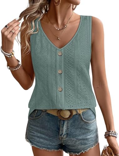 A loose V-neck tank cut with embroidered eyelet texture and an easy drape that handles warm summer afternoons.