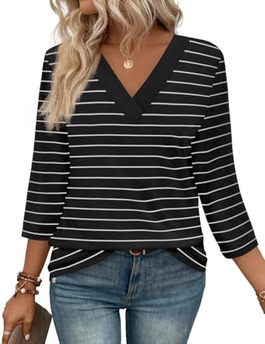 Clean black and white stripes meet a soft V neckline on this lightweight, stretchy tunic cut with plenty of room through the body.
