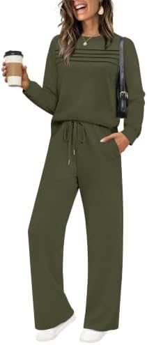 An army green knit lounge set pairs a pleated crewneck top with roomy, wide leg pants for easy travel days.