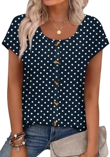 Crisp white dots on deep navy ground give this breezy button-front tee a classic nautical feel for warm days.