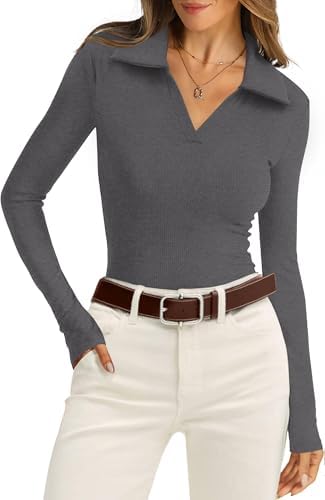 A polo collar opens into a clean notch on this ribbed long-sleeve top in deep, neutral dark gray.