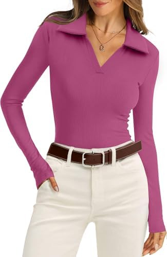 A bright hot pink ribbed polo cut with long sleeves and a neat collar for easy pairing with denim or skirts.