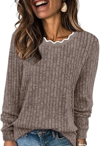 Soft chenille-like texture meets a scalloped neckline in this lightweight khaki pullover cut for cooler evenings and breezy days.