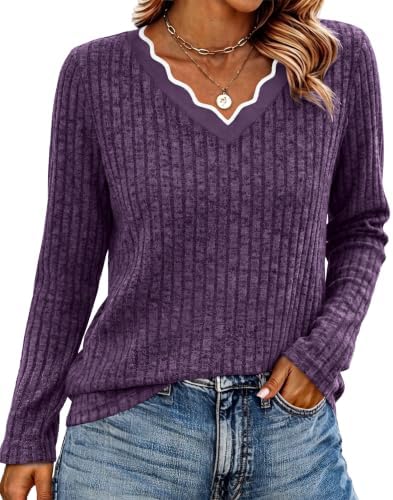 A delicate scalloped collar sets apart this rich purple knit top, cut with long sleeves in a plush chenille texture.