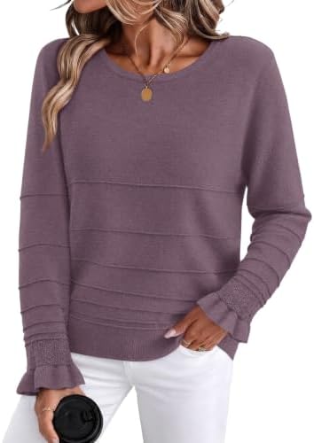 Ribbed horizontal stitching and dainty ruffled cuffs give this purple lightweight crewneck tunic a refined texture for cooler days.