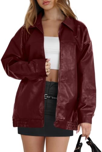 Rich red faux leather brings an assertive pop of color to this oversized moto bomber, cut with generous room for easy layering.