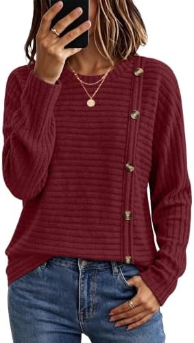Horizontal ribs and chest button accents give this bright red long-sleeve tunic a cozy, cheerful presence on chilly days.