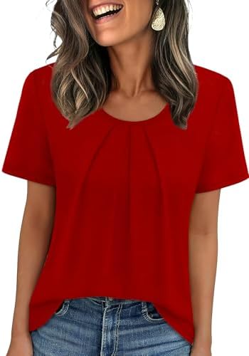 Soft red knit top with gentle front pleats, a wide scoop neckline, and an easy drape that pairs neatly with dark denim or skirts.