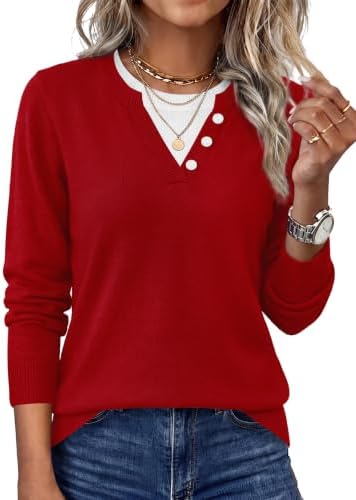 A contrast collar and subtle striped color-block panels give this lightweight red knit the neat look of layered separates.