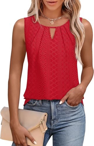 A keyhole cutout and gentle pleats shape this bright red sleeveless tunic, cut long and loose for hot summer afternoons.
