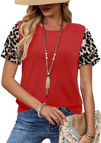 Double-layer chiffon ruffle sleeves give this red leopard tee a breezy swing that stands out against classic dark denim.