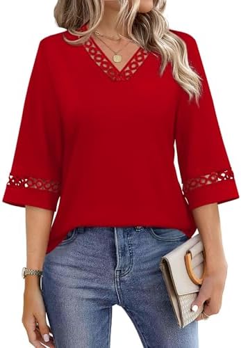Crisp eyelet lace borders the V-neck and bell sleeves of this vibrant red blouse, cut loose in a breathable warm-weather knit.