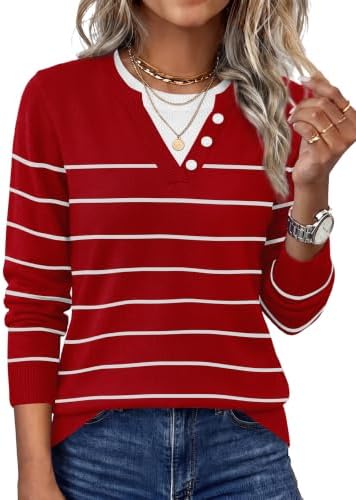 Crisp red and white stripes bring holiday cheer to a lightweight sweater knit with a neat contrast collar and faux button placket.