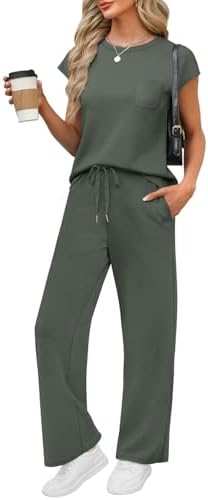 Lightweight spacer knit brings fluid drape to this cap-sleeve top and wide-leg pant set in earthy rock green.