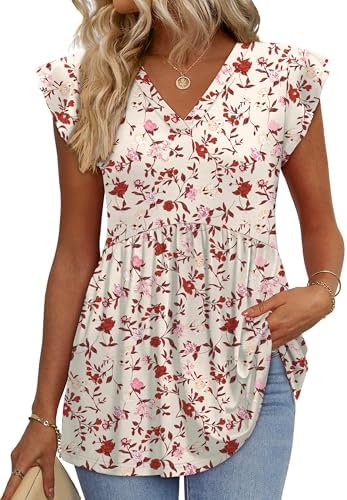 Ruffle cap sleeves and a scattered pink floral print bring soft movement to this easy babydoll summer blouse.