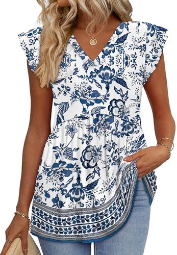 Crisp blue boho print brings intricate patterned detail to this lightweight babydoll blouse with breezy layered flutter sleeves.