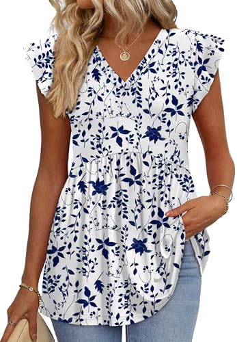 Ruffle sleeves frame this airy v-neck babydoll top, patterned in a cool blue floral print cut loose through the waist.