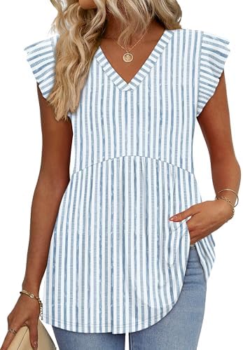Crisp blue stripes give this airy ruffle sleeve babydoll blouse a clean nautical feel that pairs neatly with white denim.