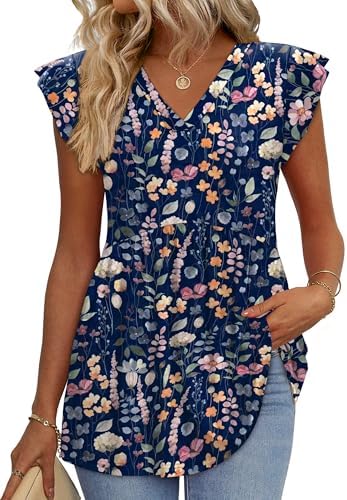 A deep floral navy print grounds this airy babydoll blouse, shaped with soft flutter sleeves and a relaxed v-neckline.