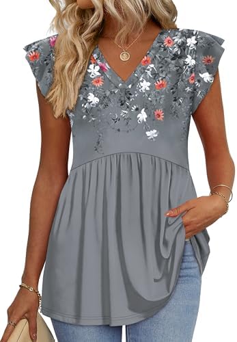 A muted grey floral print sets a calm tone on this airy babydoll blouse finished with fluttery ruffled sleeves.